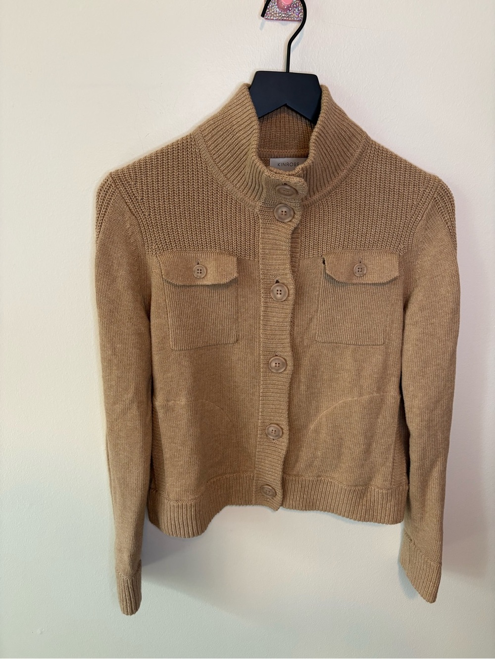 Kinross Camel Cargo Cardigan - Size Medium - Quiet Luxury 100% Cotton